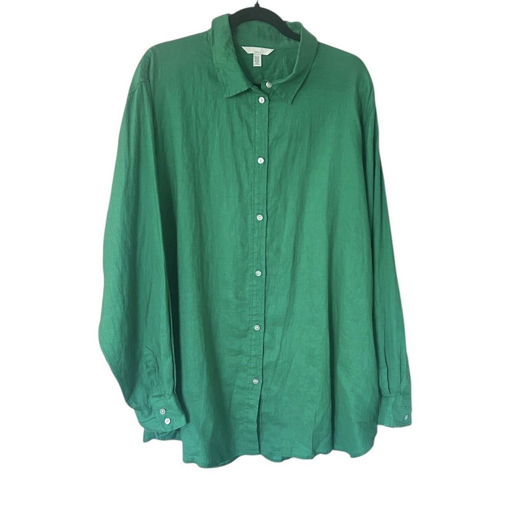 H&M Shirt Blouse Women's 100% Linen 3X Plus Kelly Green‎ Long Sleeve Lightweight